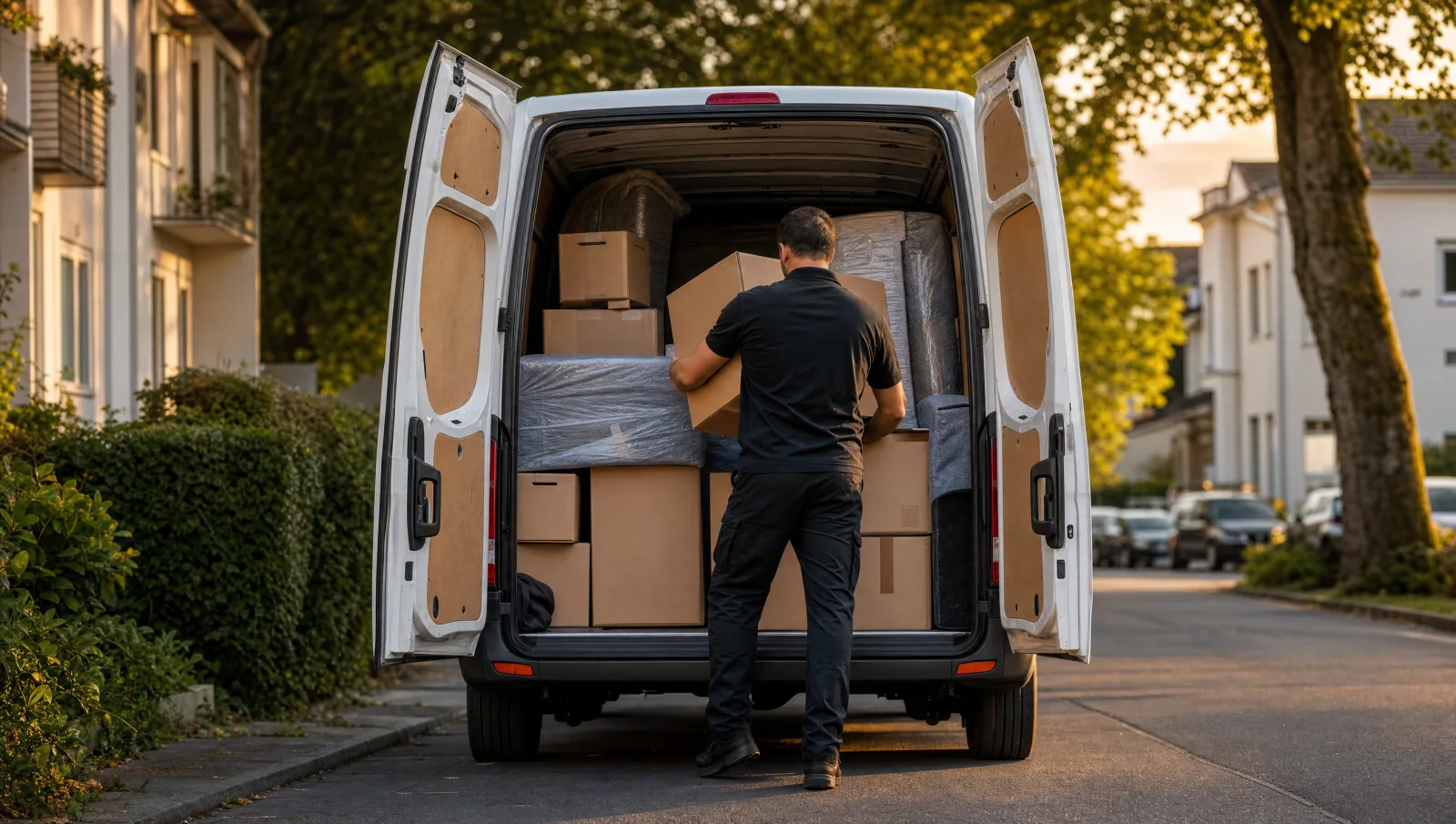 Weißer Transporter mit geöffneten Hecktüren, beladen mit gestapelten Umzugskartons und in Decken verpackten Möbeln.