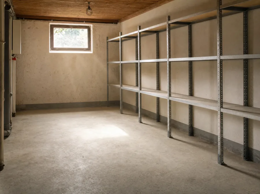 Vollständig geräumter Kellerraum: leere Metallregale, besenrein gefegter Betonboden, Tageslicht durch ein kleines Fenster.