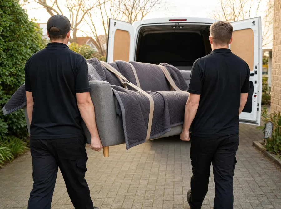 Zwei Mitarbeiter tragen ein mit Decken geschütztes und gegurtetes Sofa zu einem offenen Transporter.